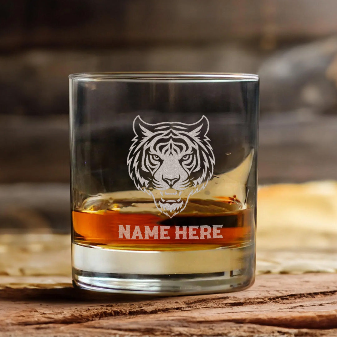 Personalized Tiger Engraved Whiskey Glass – Custom Name Rocks Glass Gift for Bold Drinking Lovers & Hunters
