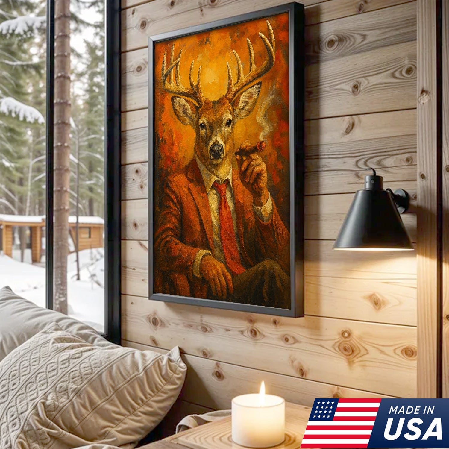 Deer Smoking Canvas, Buck Wall Art Print in Suit for Man Cave, Rustic Hunting Cabin