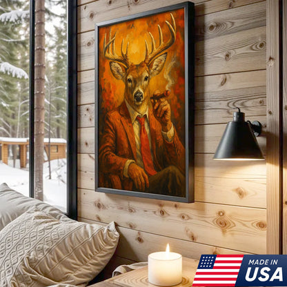 Deer Smoking Canvas, Buck Wall Art Print in Suit for Man Cave, Rustic Hunting Cabin
