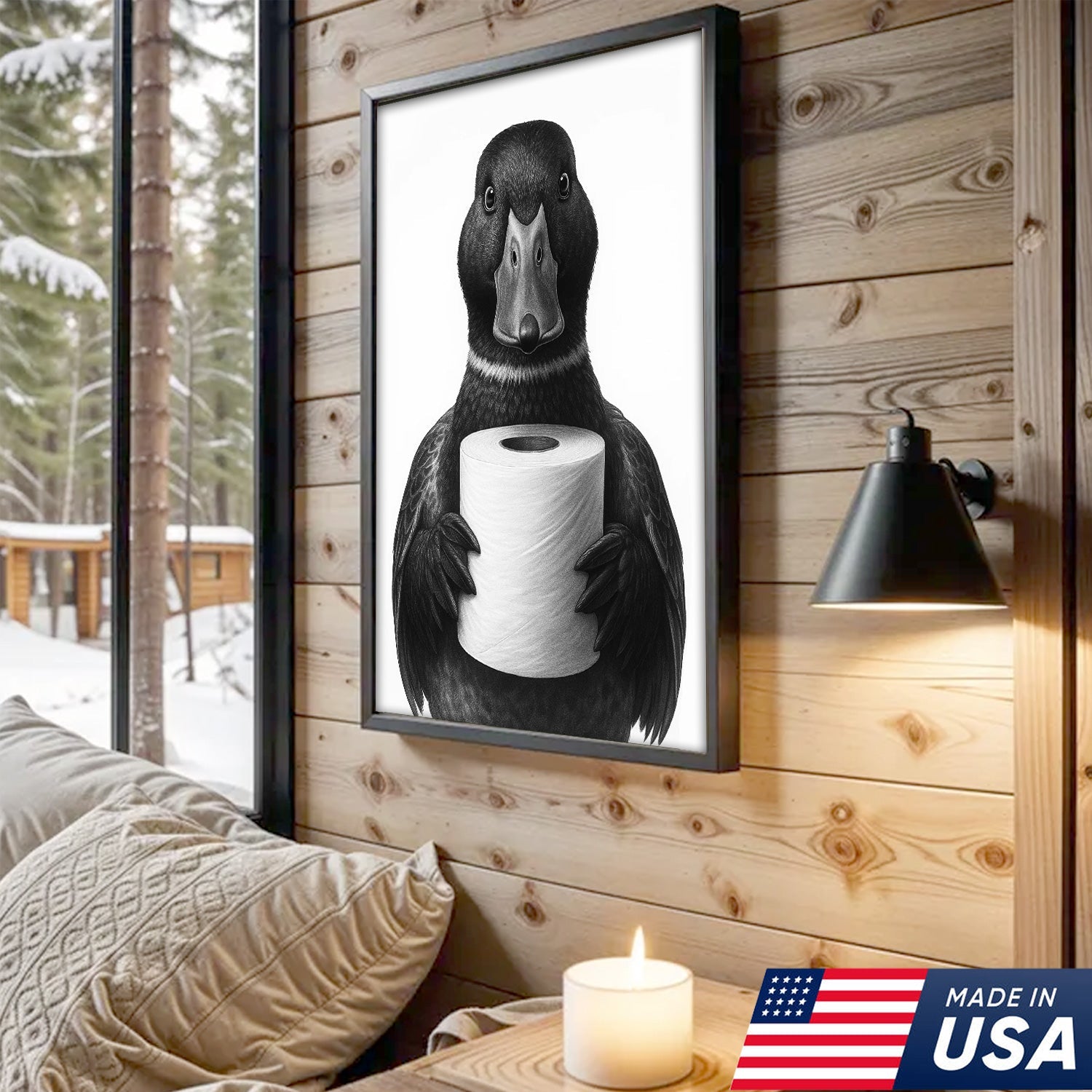 Mallard Duck Canvas Wall Art, Funny Animal Portrait Holding Toilet Paper, Bathroom Decor Print