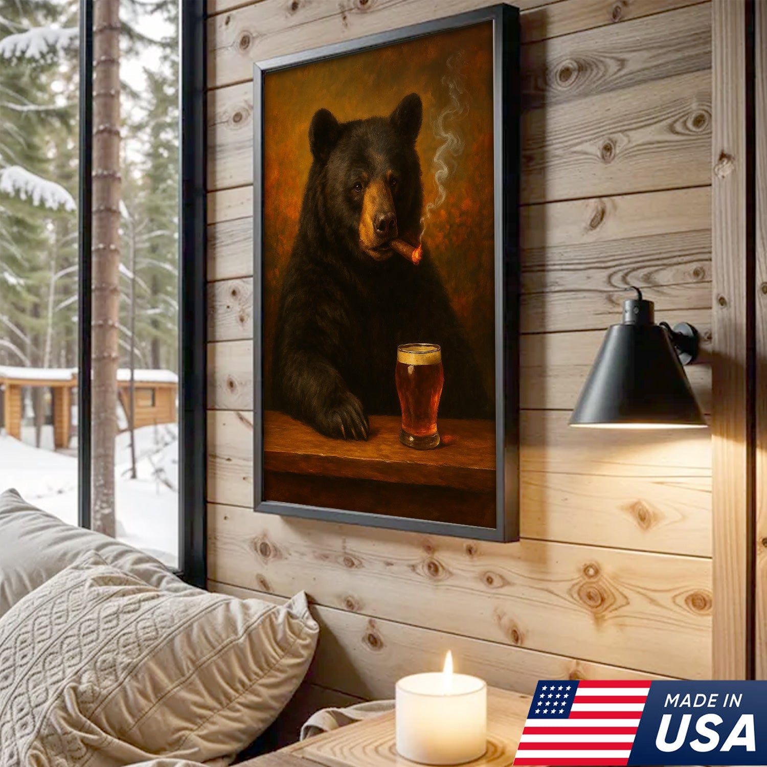 Funny Bear Drinking Cocktail Glasses & Smoking Canvas Wall Art - Rustic Bar