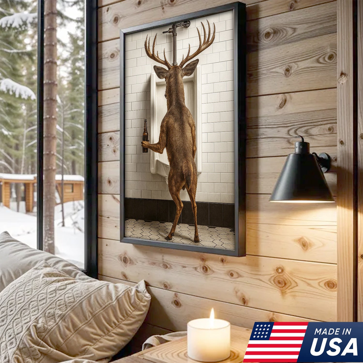Deer Holding Beer and Standing at the Urinal Canvas – Hilarious Bathroom Wall Art