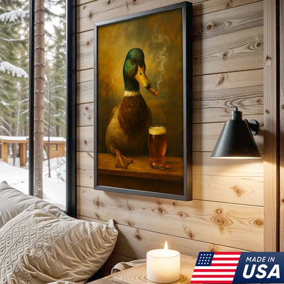 Funny Mallard Duck Smoking & Drinking Cocktail Glasses Canvas Wall Art - Rustic Hunting Perfect Gift for Hunters