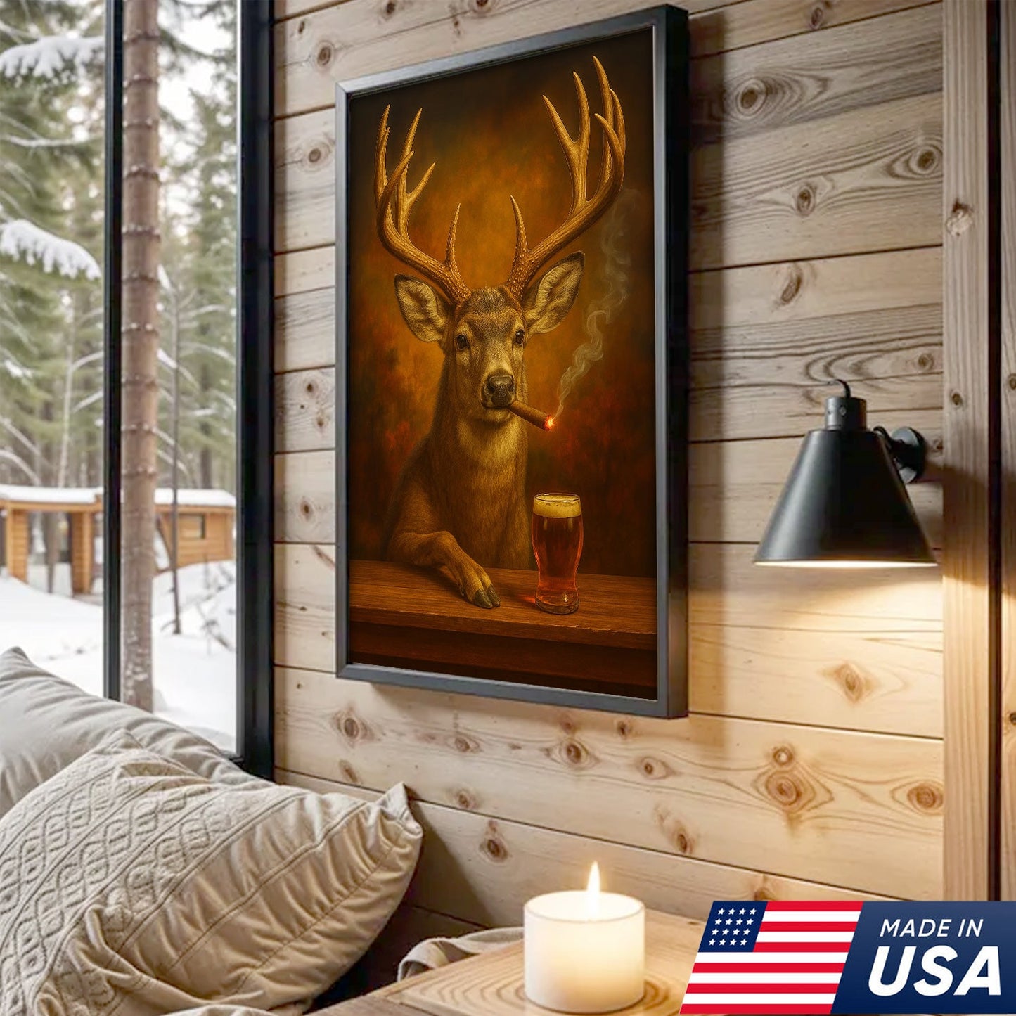 Muke Deer With Smoking & Cocktail Glasses Canvas – Funny Hunting Lodge Wall Art Perfect Gift for Hunters