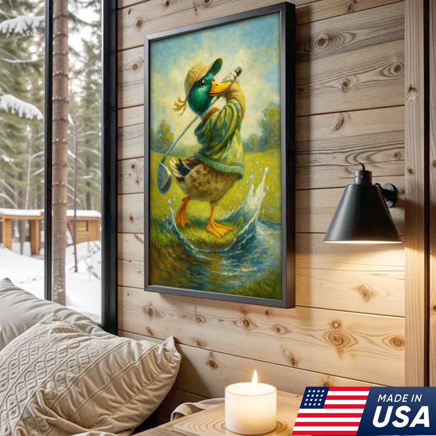 Funny Duck Playing Golf Canvas Wall Art – Rustic Sports Lodge Decor, Man Cave & Golfer Gift