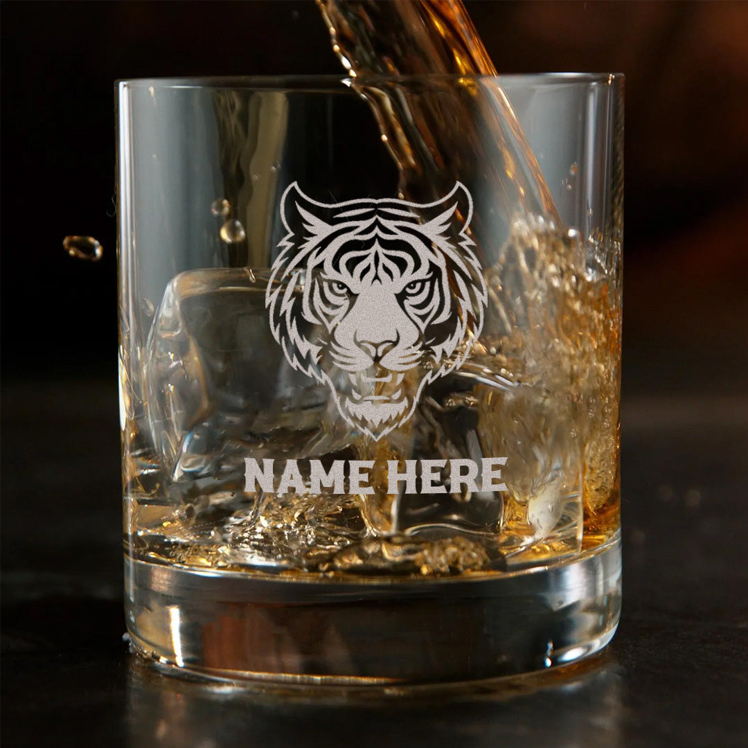 Personalized Tiger Engraved Whiskey Glass – Custom Name Rocks Glass Gift for Bold Drinking Lovers & Hunters