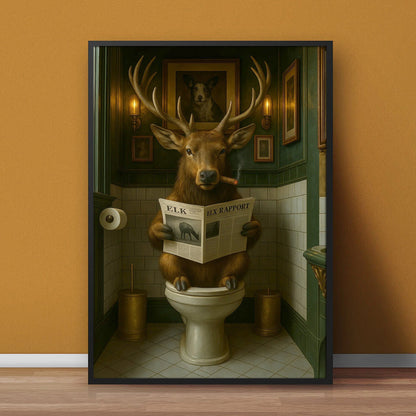 Funny Elk Bathroom Canvas – Smoking-Smoking Deer Reading Newspaper on Toilet