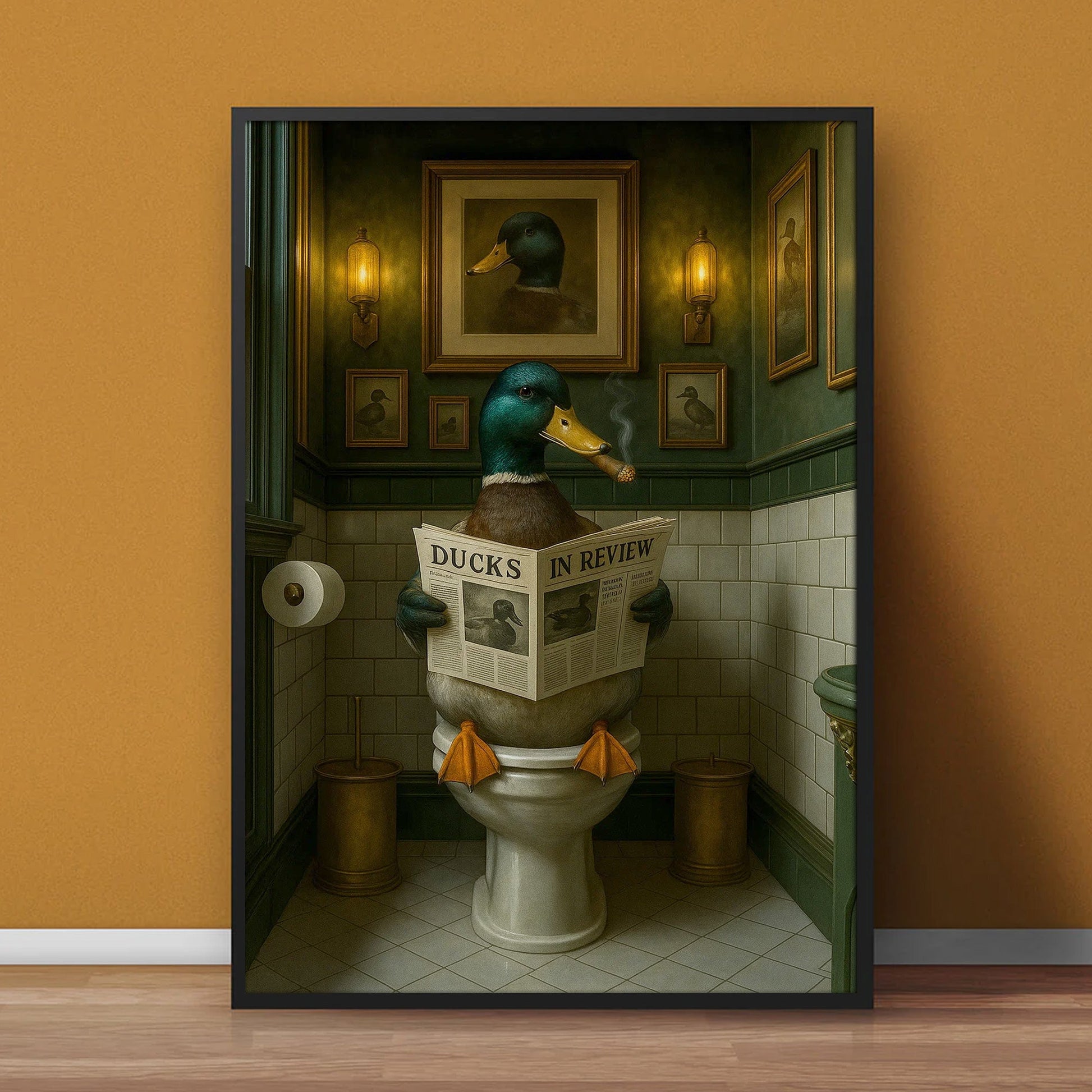 Mallard Duck Toilet Scene Poster Canvas – Smoking-Smoking Duck Reading ‘Ducks in Review’