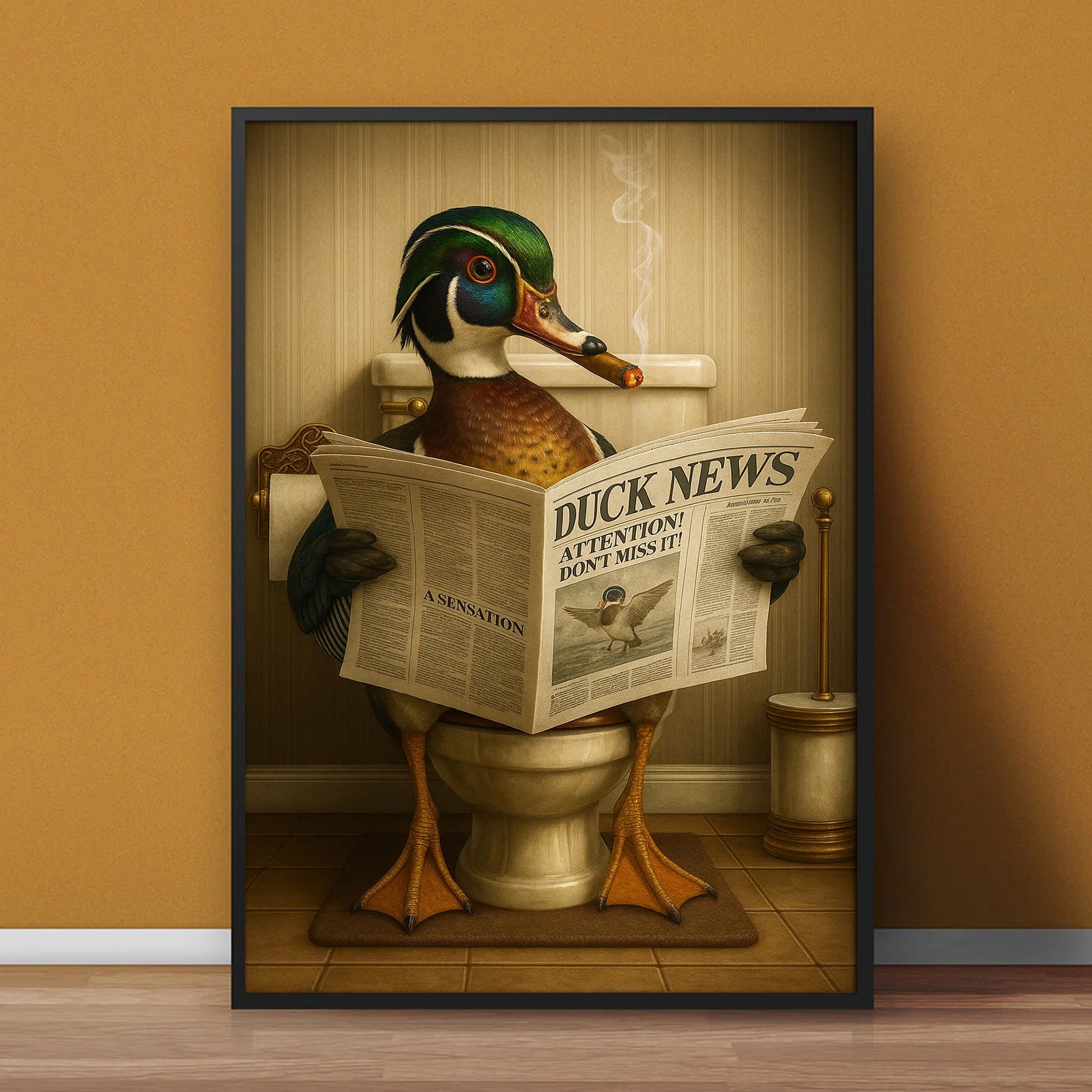Funny Wood Duck Read Newspaper Bathroom Canvas – Hunting Wildlife Animal Canvas