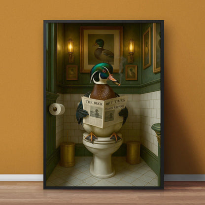 Rustic Duck Bathroom Wall Art Canvas – Wood Duck Reading Newspaper - Lodge Humor Print