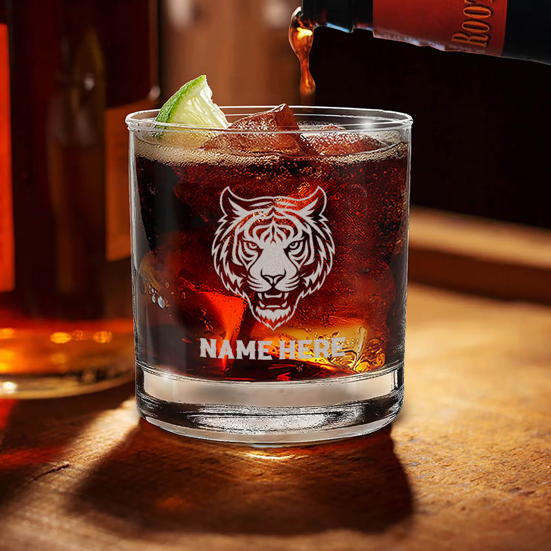 Personalized Tiger Engraved Whiskey Glass – Custom Name Rocks Glass Gift for Bold Drinking Lovers & Hunters