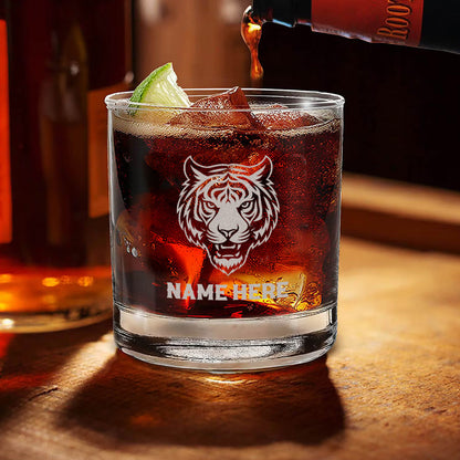 Personalized Tiger Engraved Whiskey Glass – Custom Name Rocks Glass Gift for Bold Drinking Lovers & Hunters