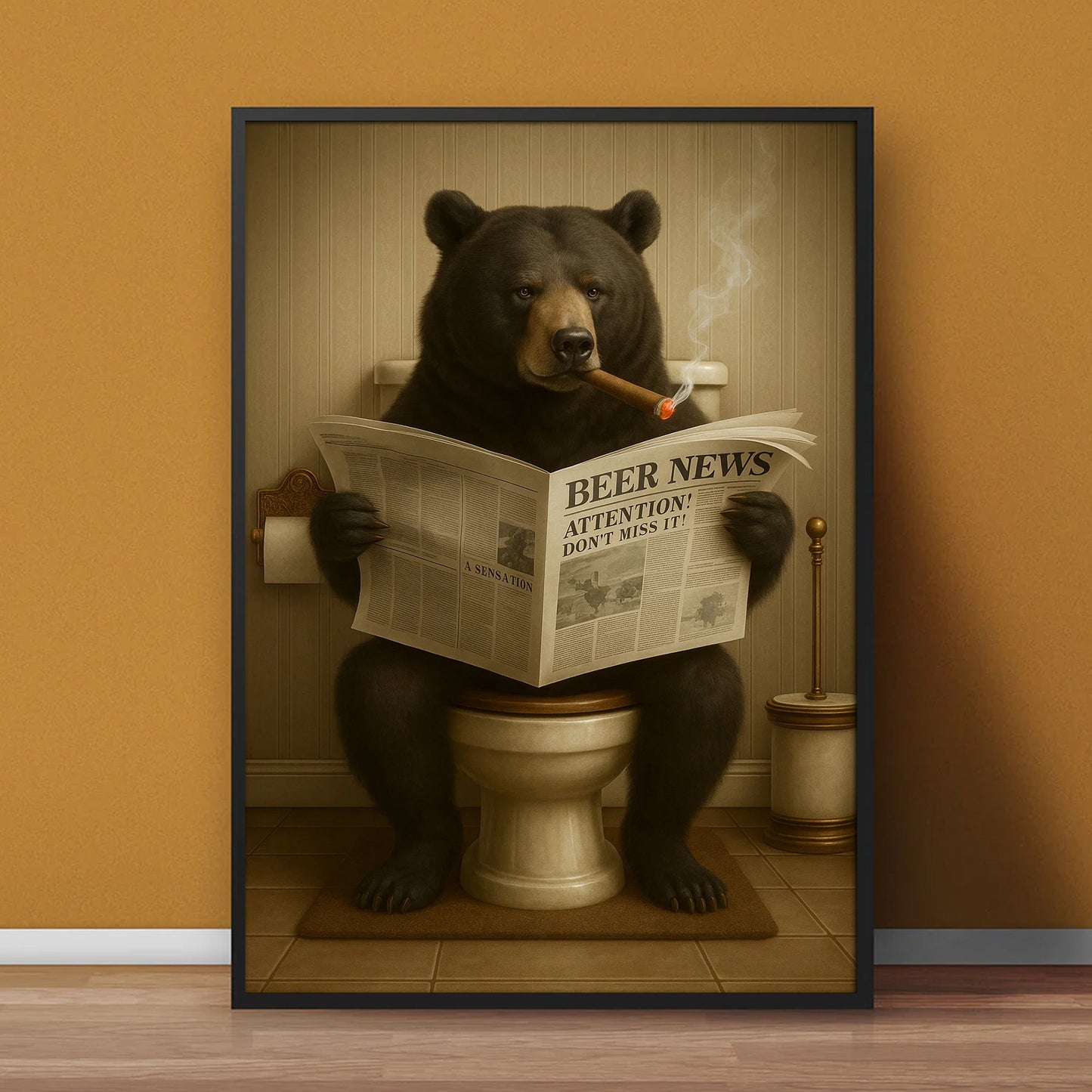 Funny Bear Newspaper Bathroom Canvas Wall Art – Wildlife Animal Poster - Unique Gift for Hunters