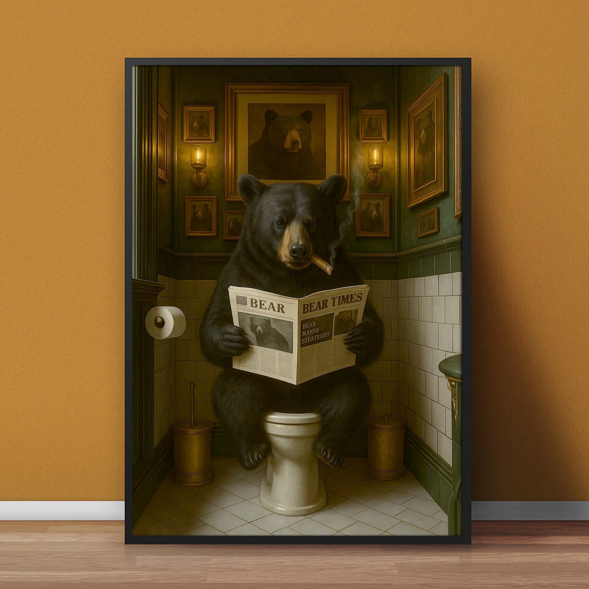 Funny Bear Hunting Bathroom Canvas – Black Bear On Toilet Reading Newspaper
