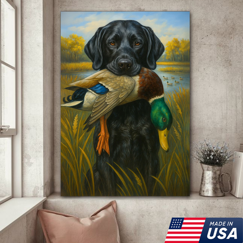 Hunting Dog Canvas Wall Art – Black Labrador Retriever with Duck, Rustic Cabin