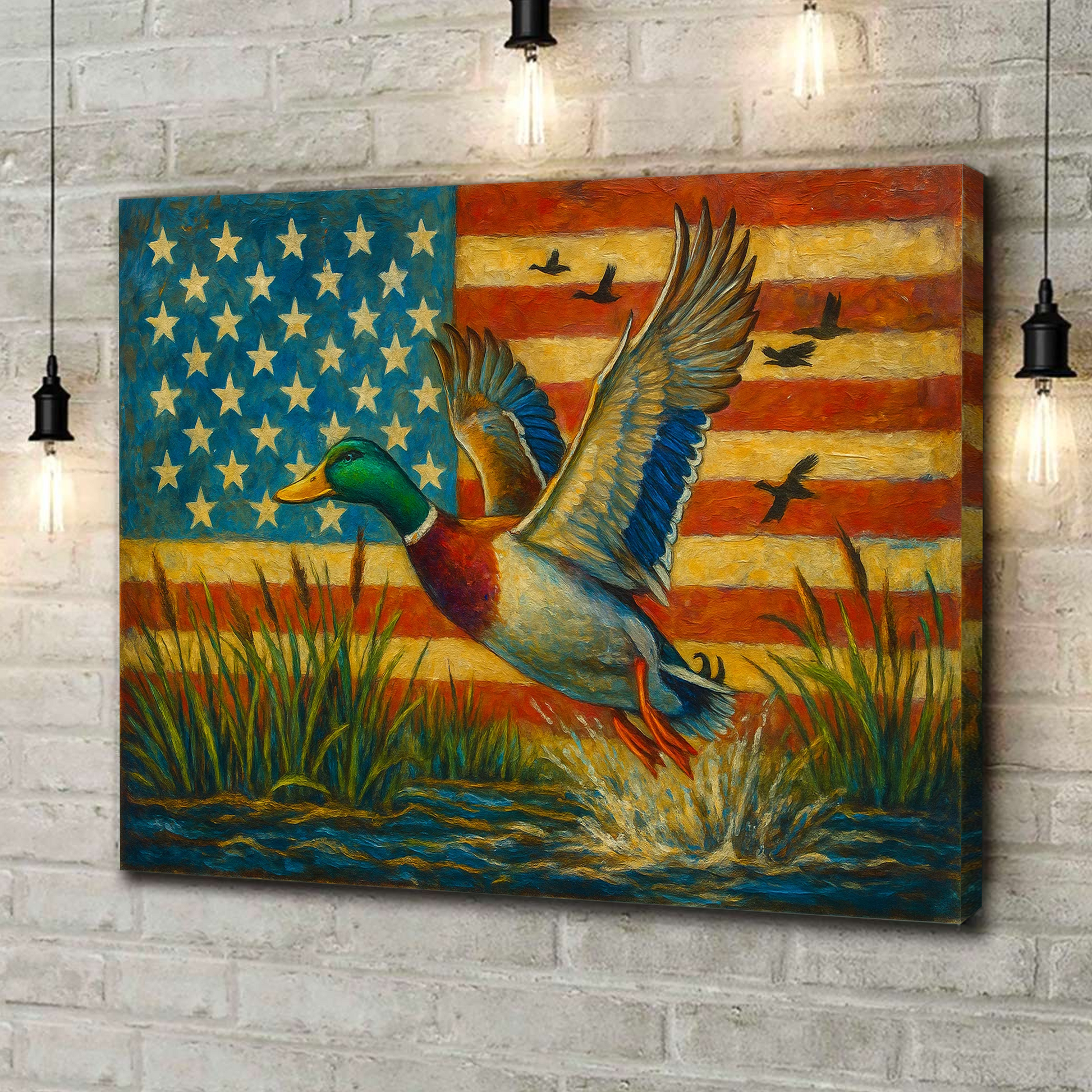 Duck Hunting Canvas – Mallard Flying with American Flag Rustic Wall Art for Hunters