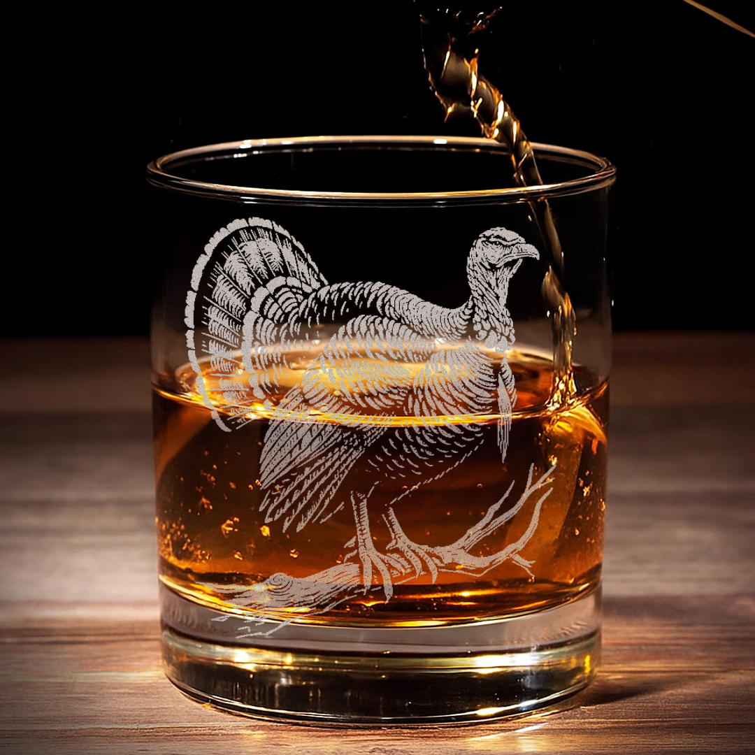 Turkey Whiskey Glass, Custom Engraved Rocks Glass, Rustic Hunting Gift for Outdoorsmen & Drinking Lovers