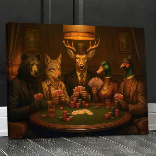 The Poker Club – Vintage Animals Playing Cards Wall Art - Rustic Anthropomorphic Canvas
