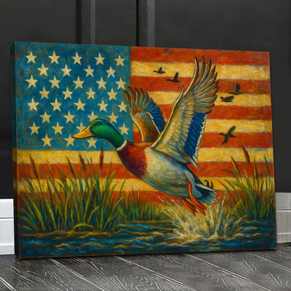Duck Hunting Canvas – Mallard Flying with American Flag Rustic Wall Art for Hunters