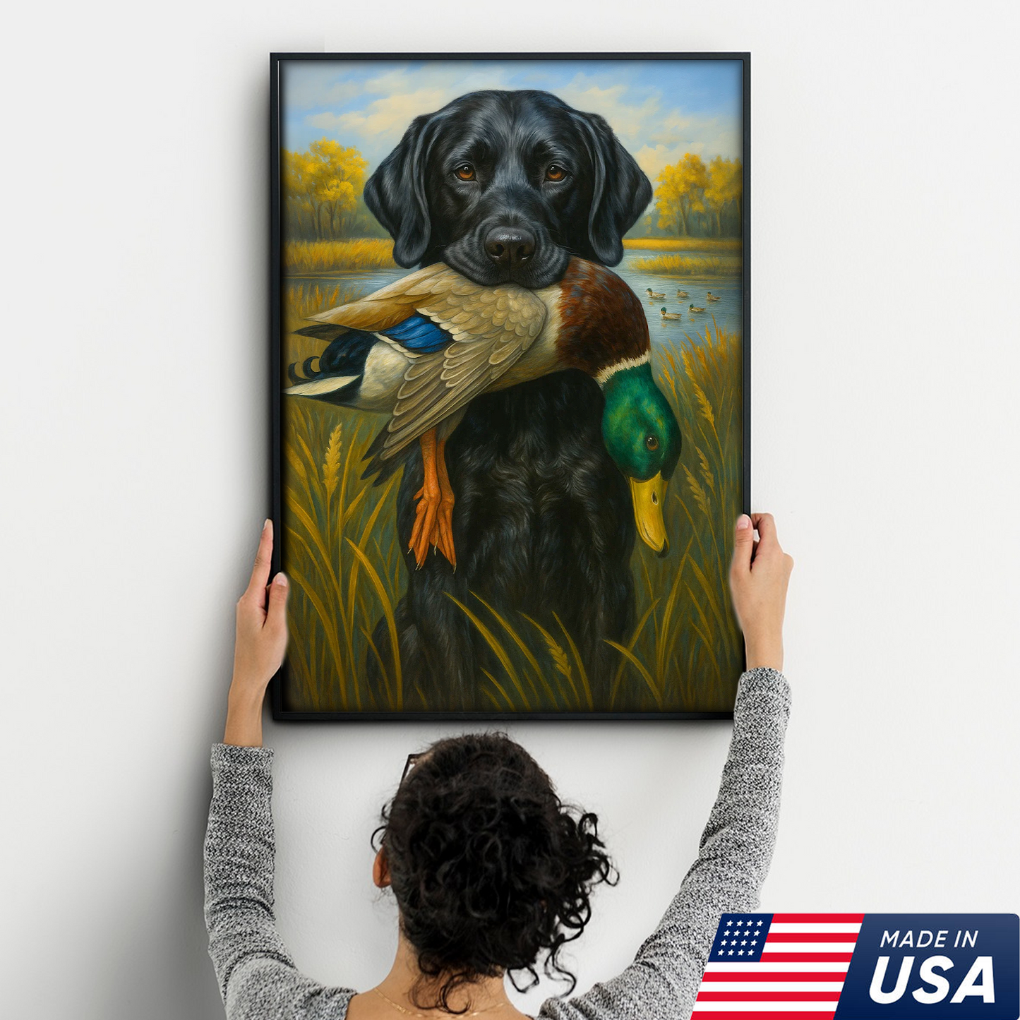 Hunting Dog Canvas Wall Art – Black Labrador Retriever with Duck, Rustic Cabin