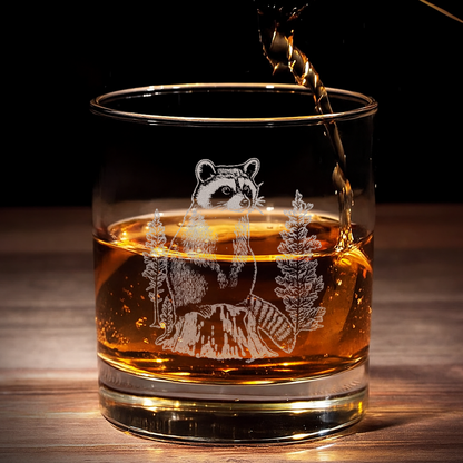 Raccoon In Forest Engraved Whiskey Glass, Wildlife Raccoon Rocks Glass Gift for Drinking Lovers & Hunters