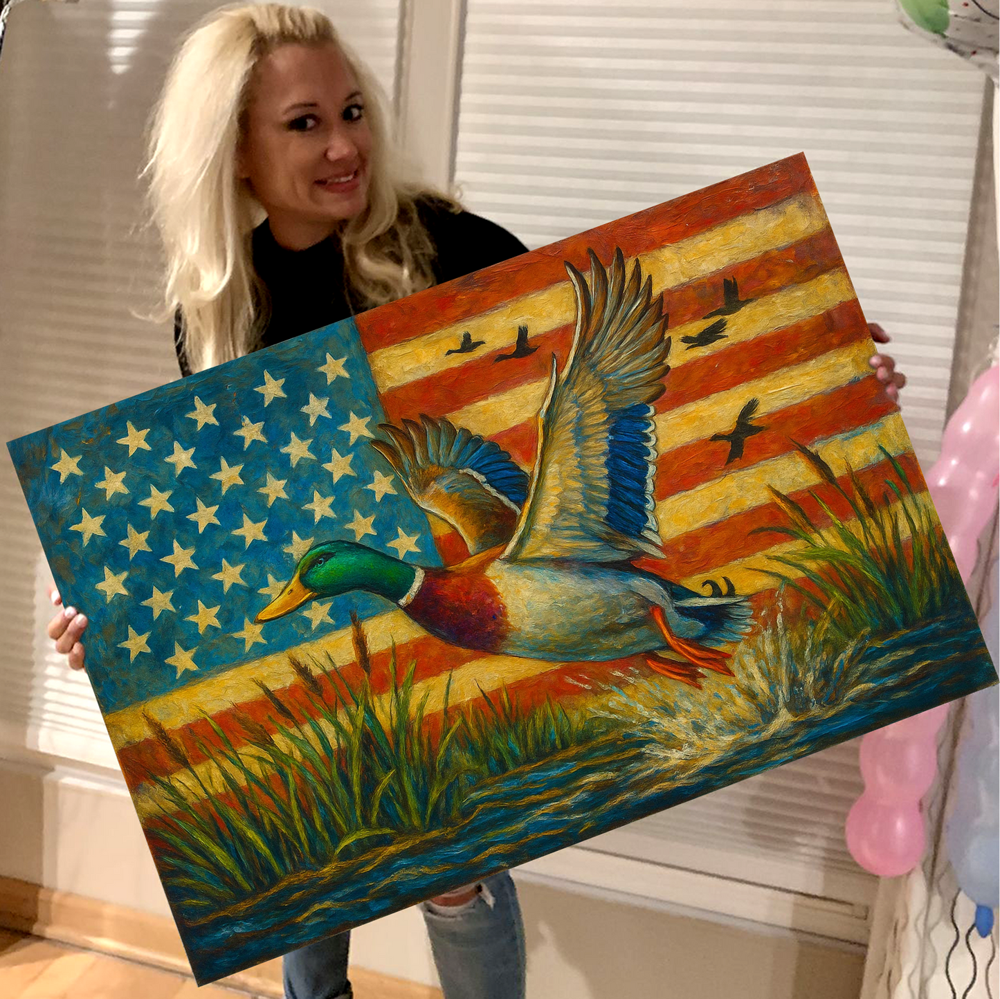 Duck Hunting Canvas – Mallard Flying with American Flag Rustic Wall Art for Hunters