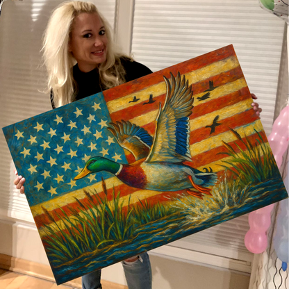 Duck Hunting Canvas – Mallard Flying with American Flag Rustic Wall Art for Hunters