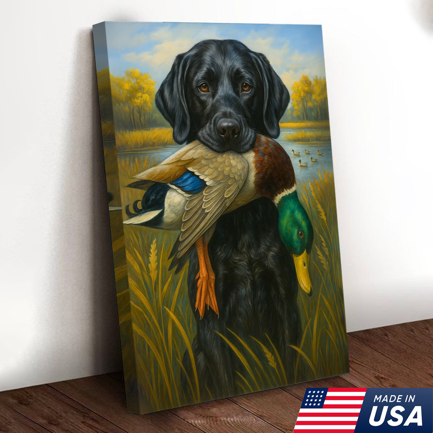 Hunting Dog Canvas Wall Art – Black Labrador Retriever with Duck, Rustic Cabin