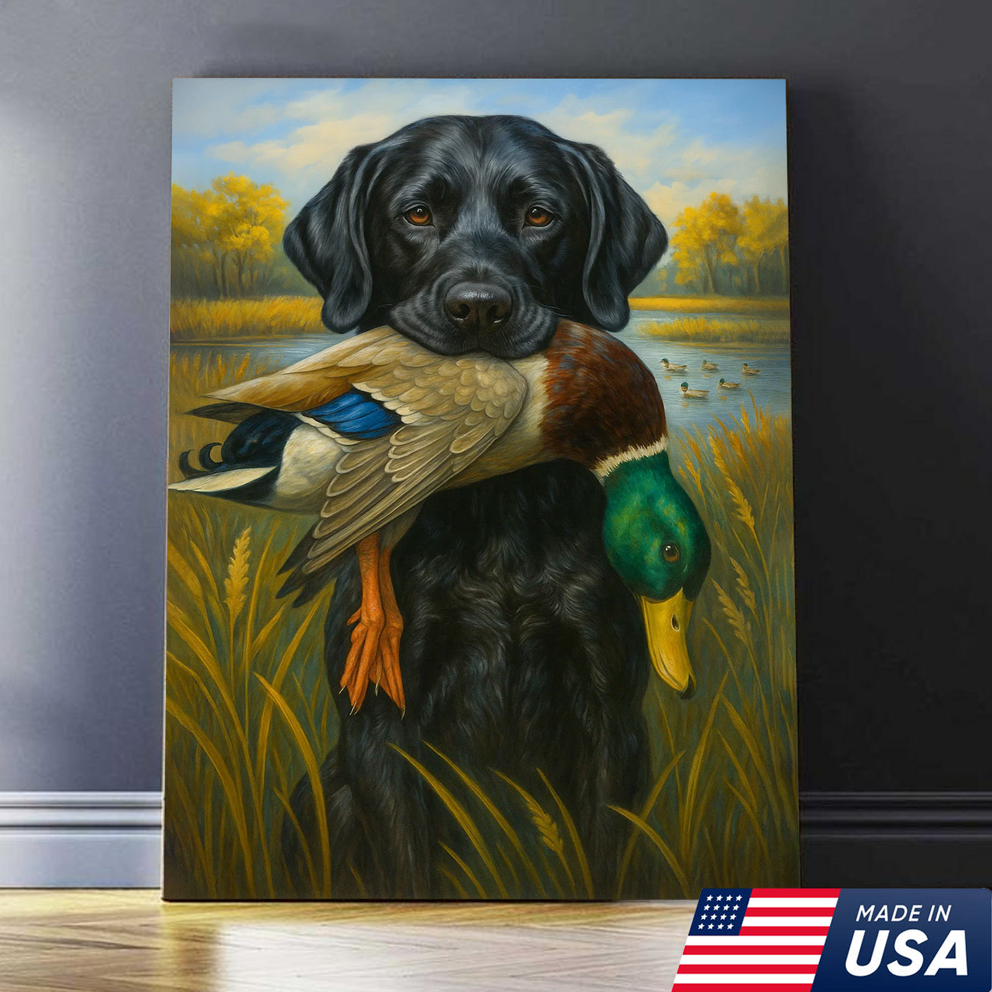 Hunting Dog Canvas Wall Art – Black Labrador Retriever with Duck, Rustic Cabin