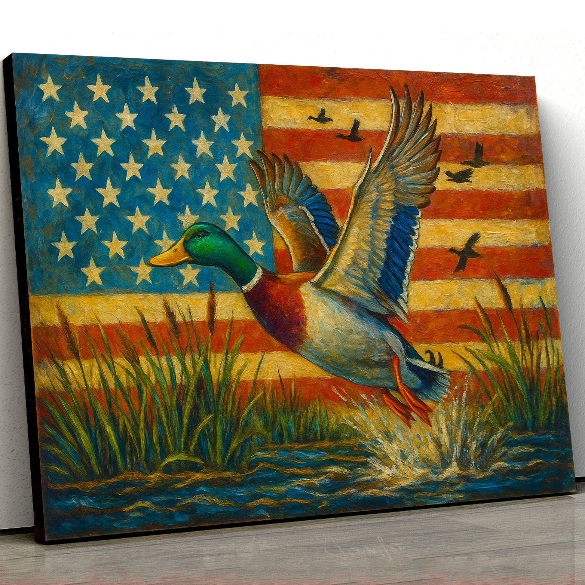 Duck Hunting Canvas – Mallard Flying with American Flag Rustic Wall Art for Hunters