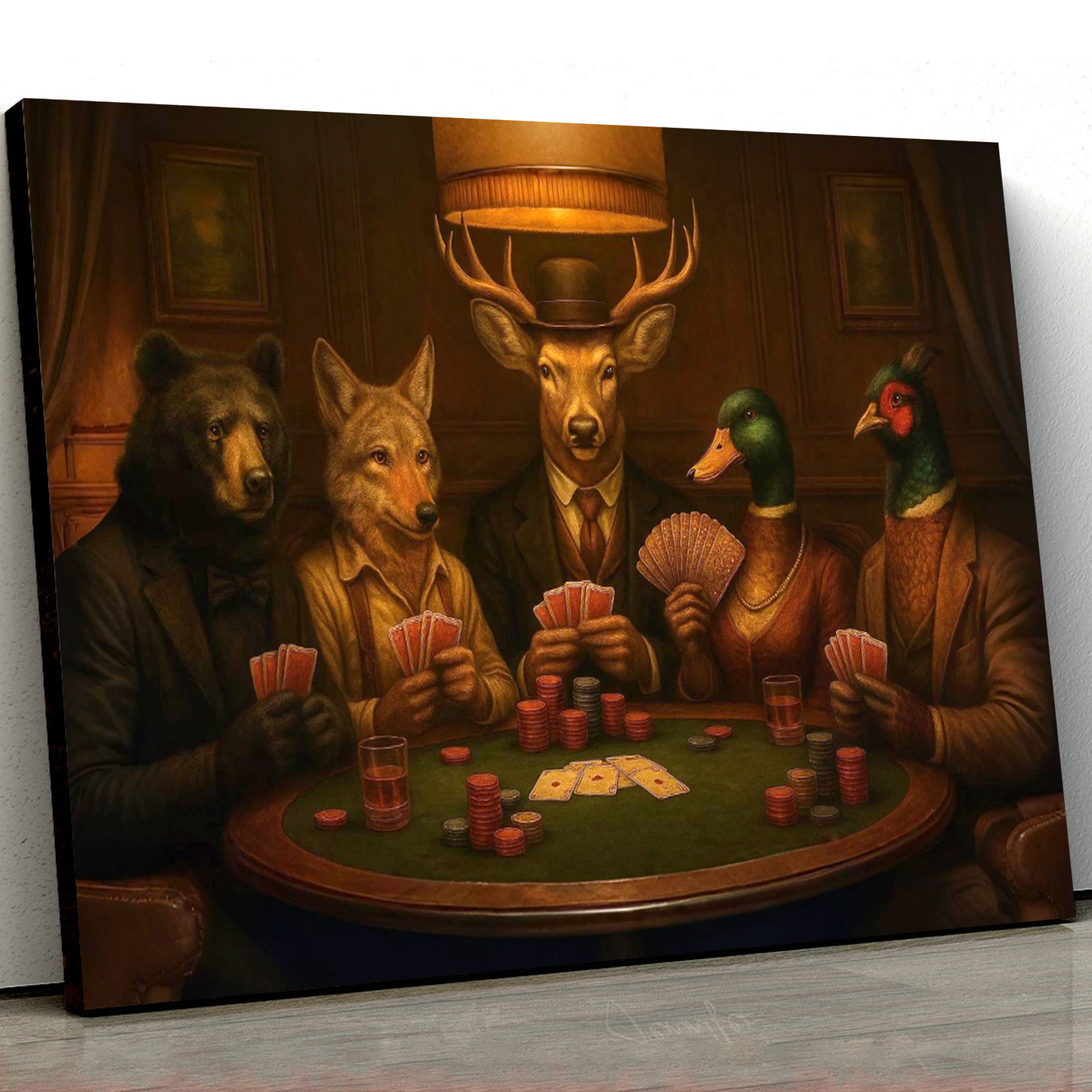 The Poker Club – Vintage Animals Playing Cards Wall Art - Rustic Anthropomorphic Canvas