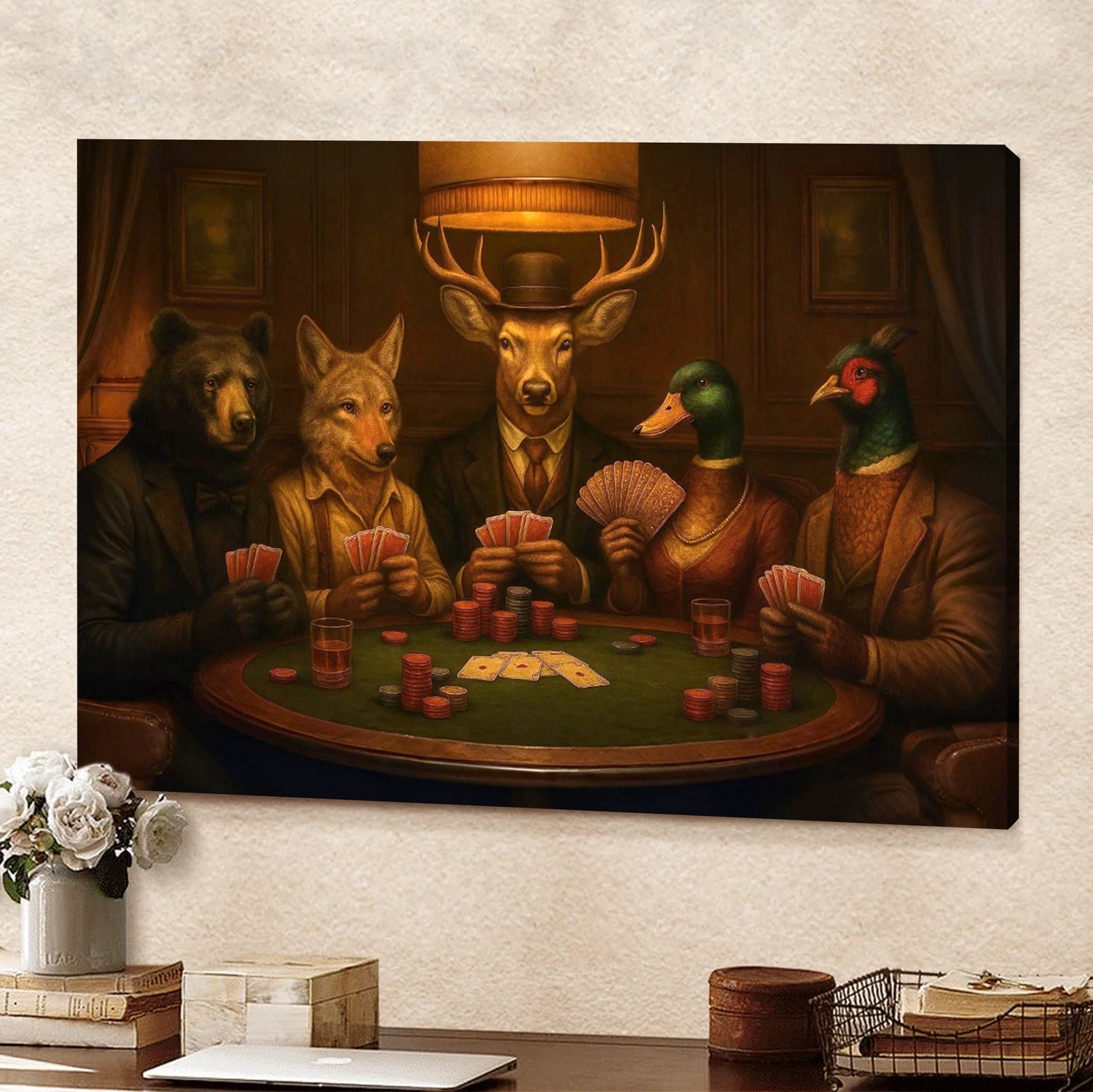The Poker Club – Vintage Animals Playing Cards Wall Art - Rustic Anthropomorphic Canvas