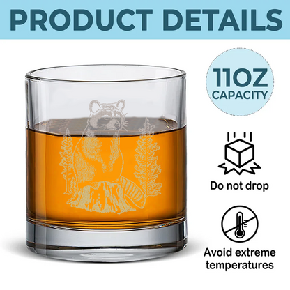 Raccoon In Forest Engraved Whiskey Glass, Wildlife Raccoon Rocks Glass Gift for Drinking Lovers & Hunters