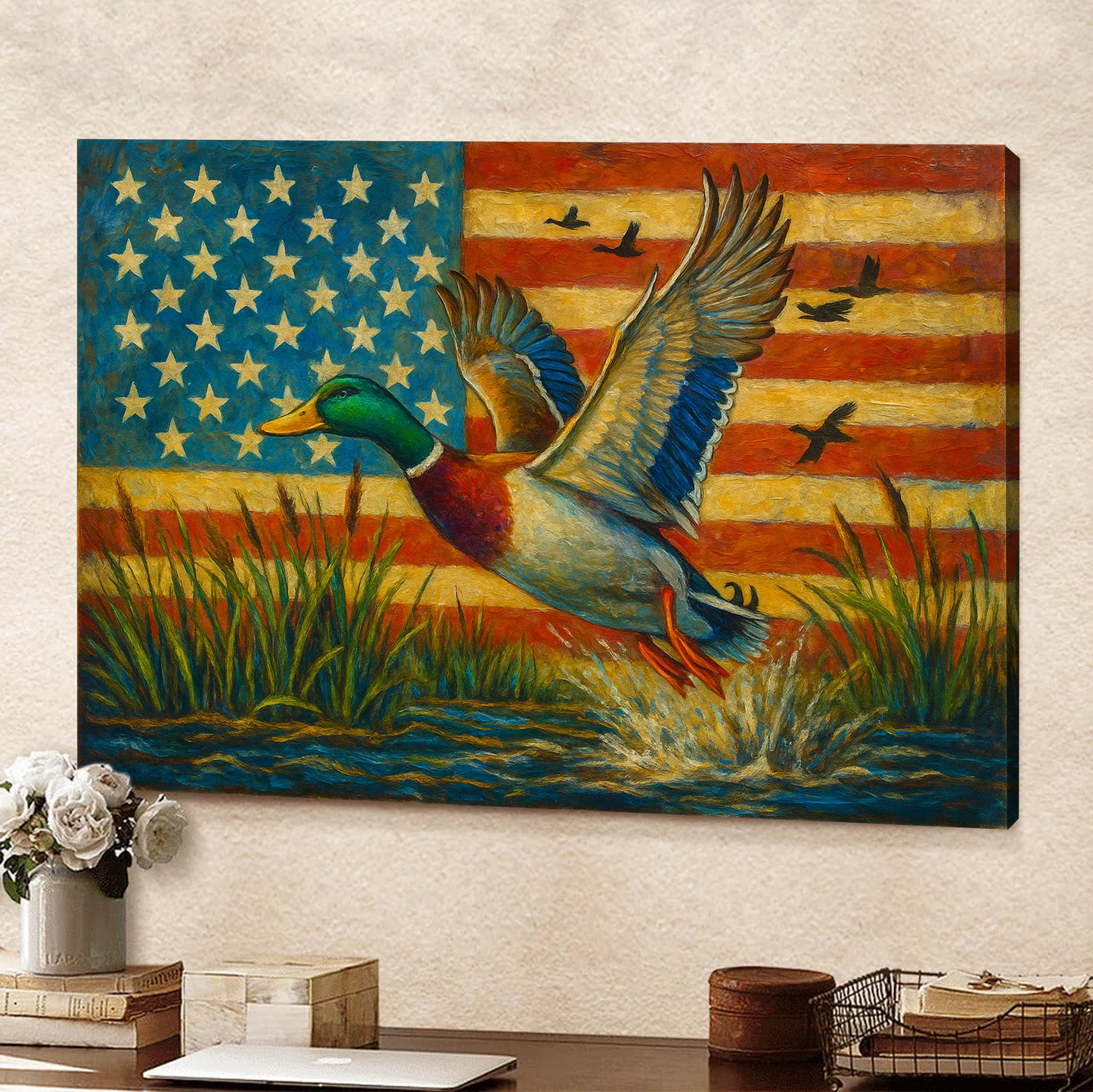 Duck Hunting Canvas – Mallard Flying with American Flag Rustic Wall Art for Hunters