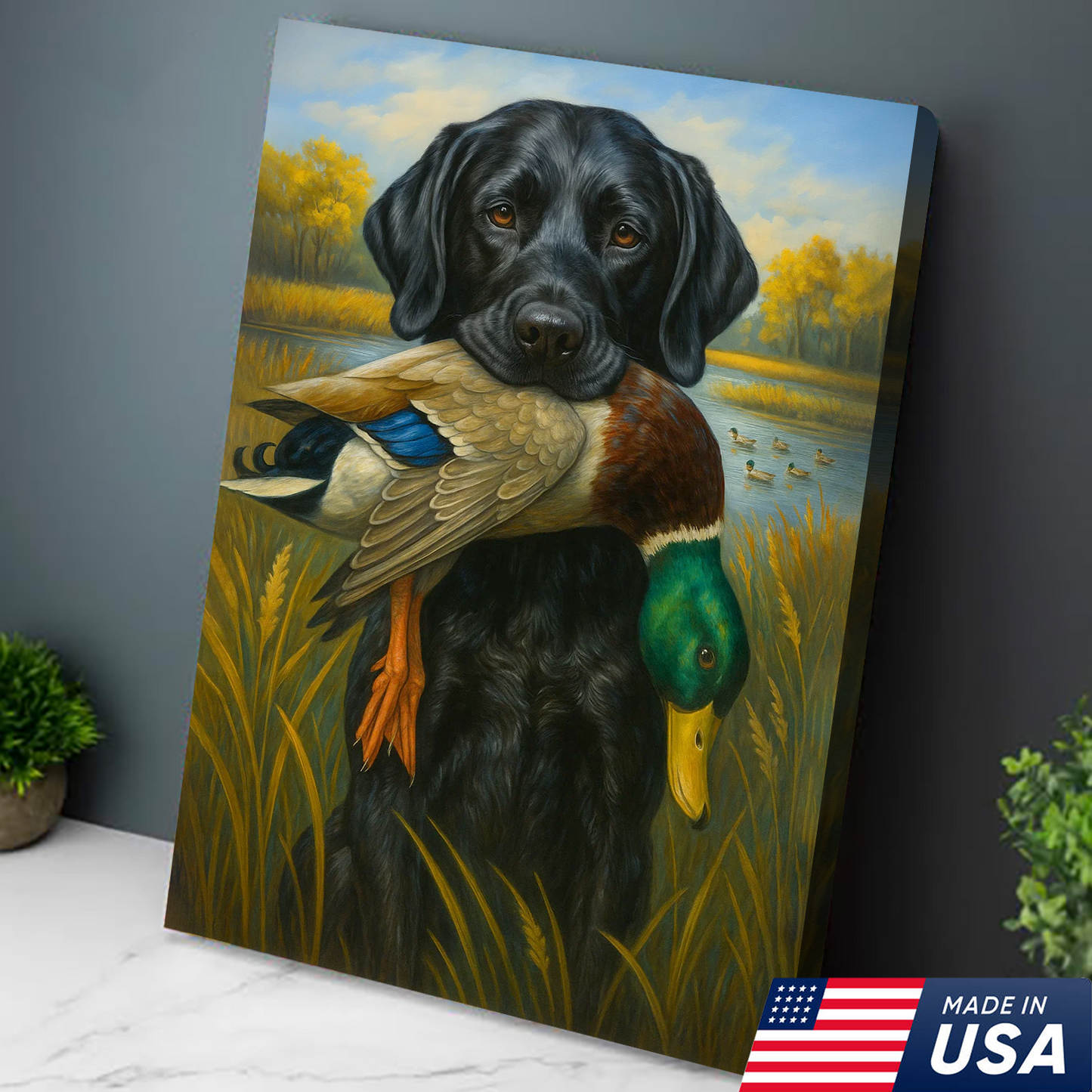 Hunting Dog Canvas Wall Art – Black Labrador Retriever with Duck, Rustic Cabin