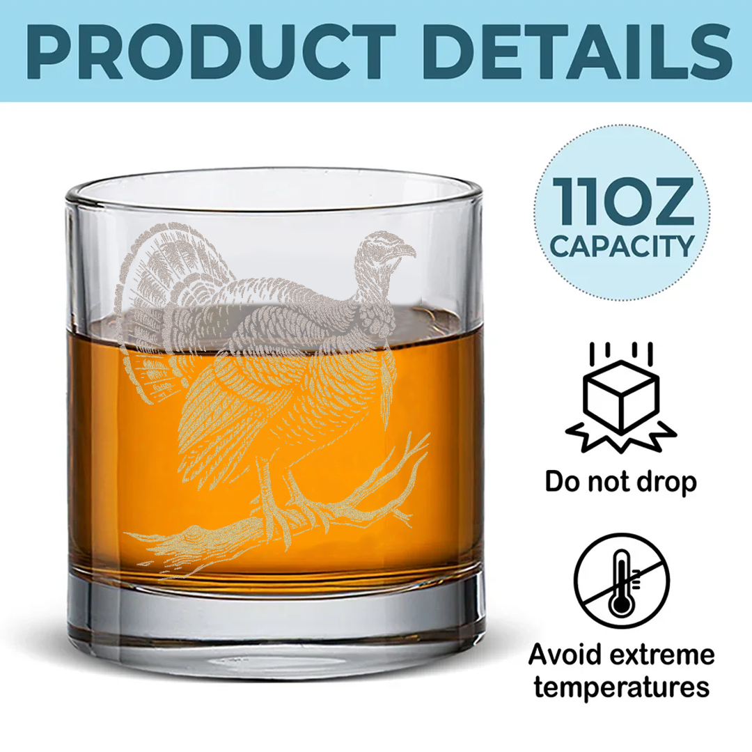 Turkey Whiskey Glass, Custom Engraved Rocks Glass, Rustic Hunting Gift for Outdoorsmen & Drinking Lovers