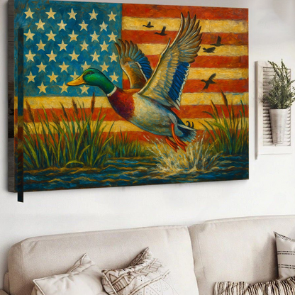 Duck Hunting Canvas – Mallard Flying with American Flag Rustic Wall Art for Hunters