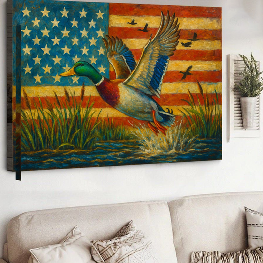 Duck Hunting Canvas – Mallard Flying with American Flag Rustic Wall Art for Hunters