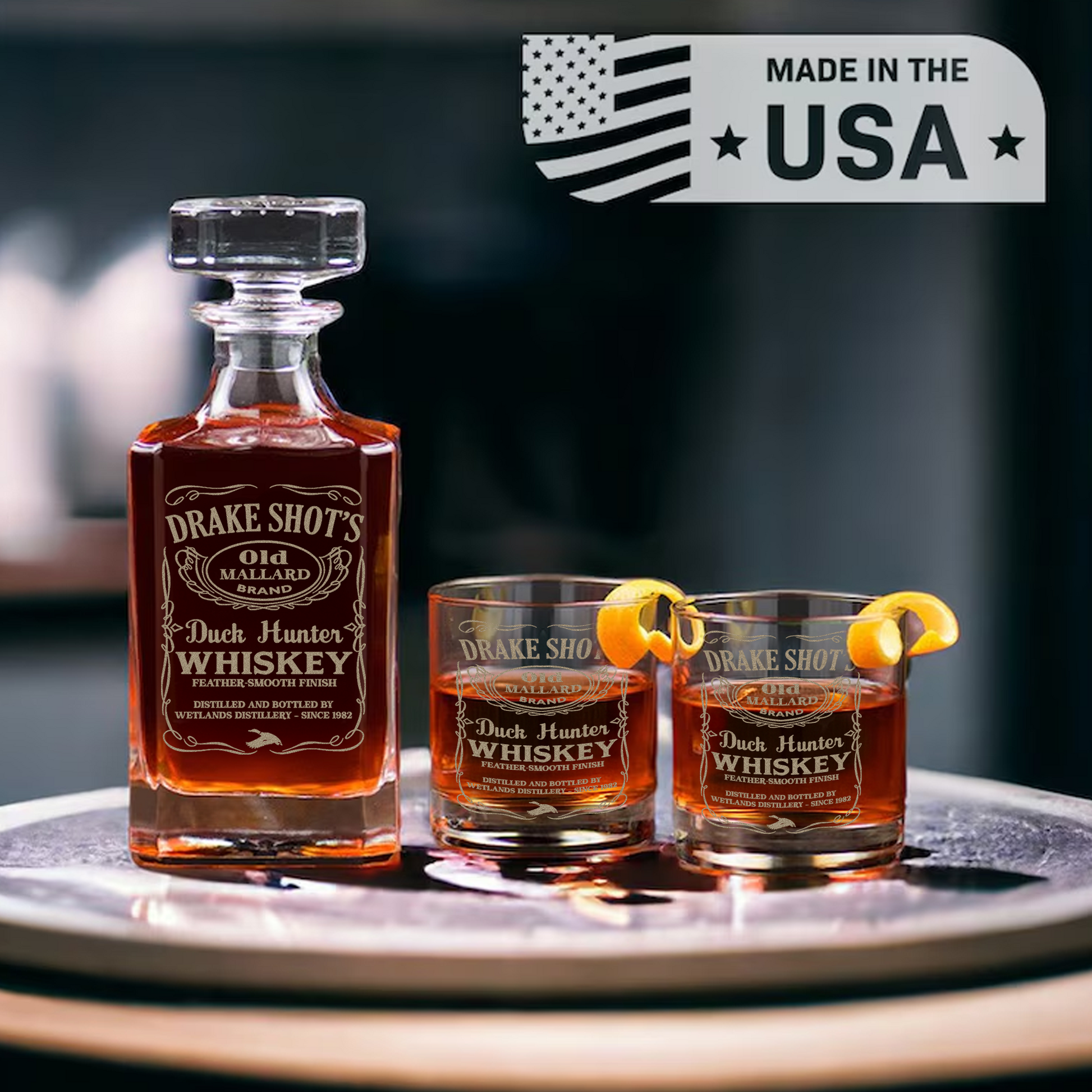 Drake Shot’s Whiskey Decanter Set – Engraved Duck Hunter Glass Barware Gift For Waterfowl Hunters & Drinking Lovers
