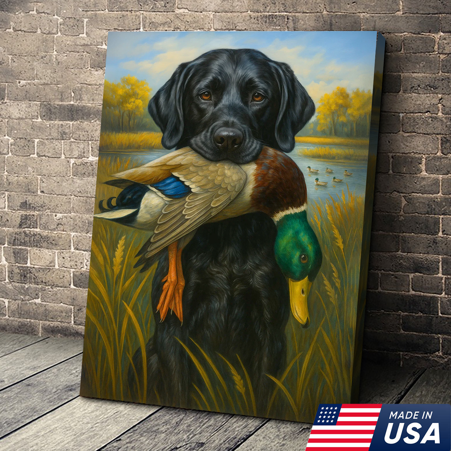 Hunting Dog Canvas Wall Art – Black Labrador Retriever with Duck, Rustic Cabin