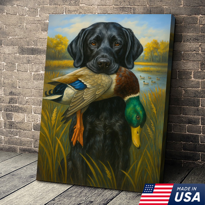 Hunting Dog Canvas Wall Art – Black Labrador Retriever with Duck, Rustic Cabin