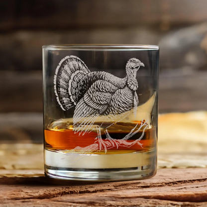 Turkey Whiskey Glass, Custom Engraved Rocks Glass, Rustic Hunting Gift for Outdoorsmen & Drinking Lovers