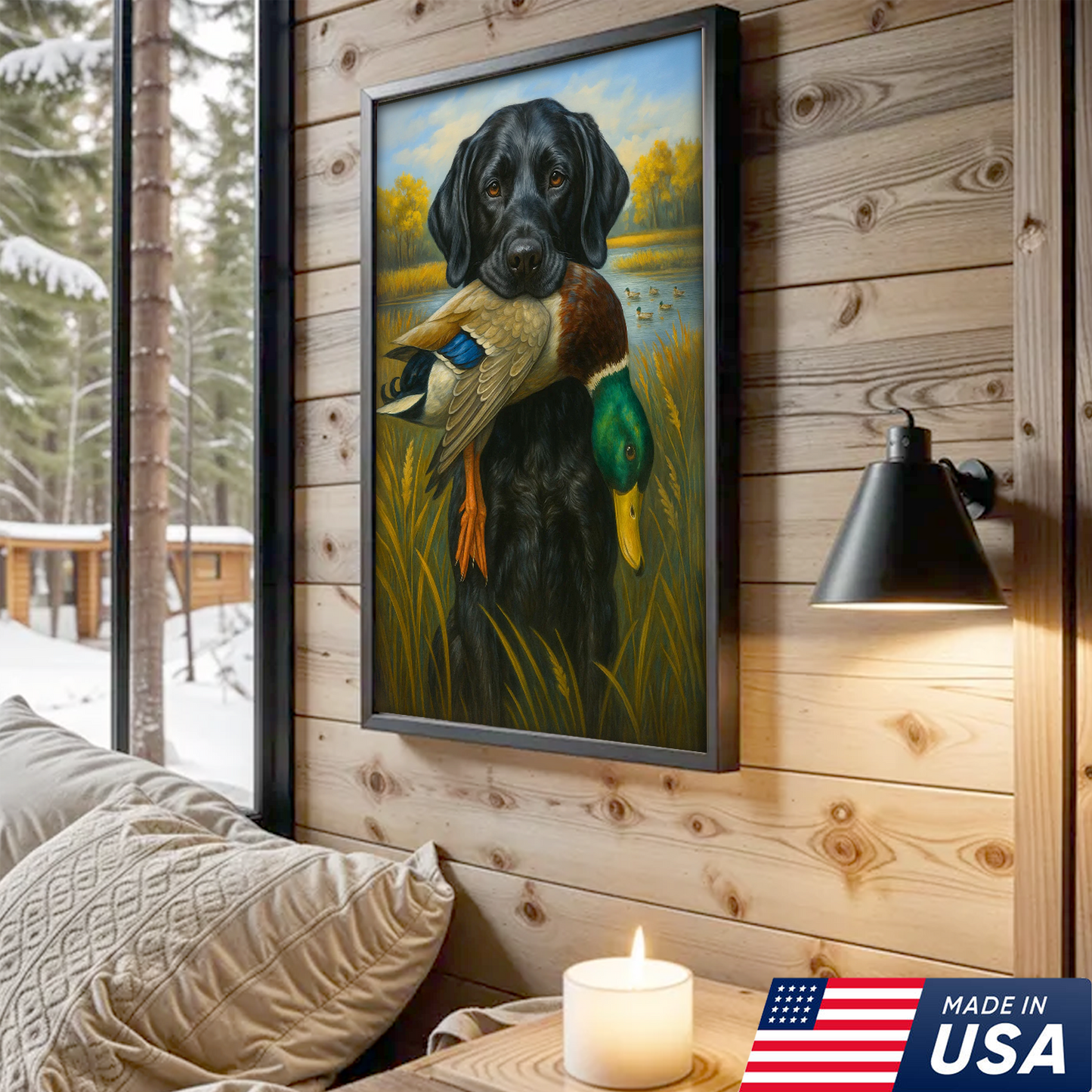 Hunting Dog Canvas Wall Art – Black Labrador Retriever with Duck, Rustic Cabin