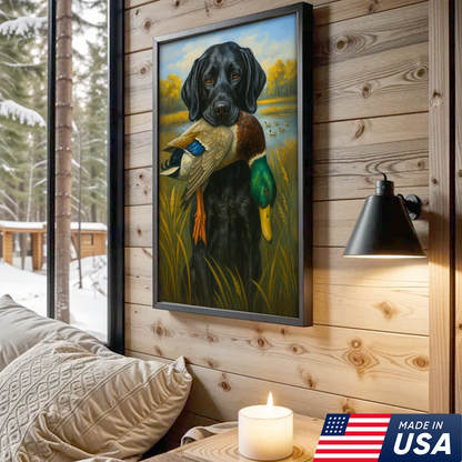 Hunting Dog Canvas Wall Art – Black Labrador Retriever with Duck, Rustic Cabin