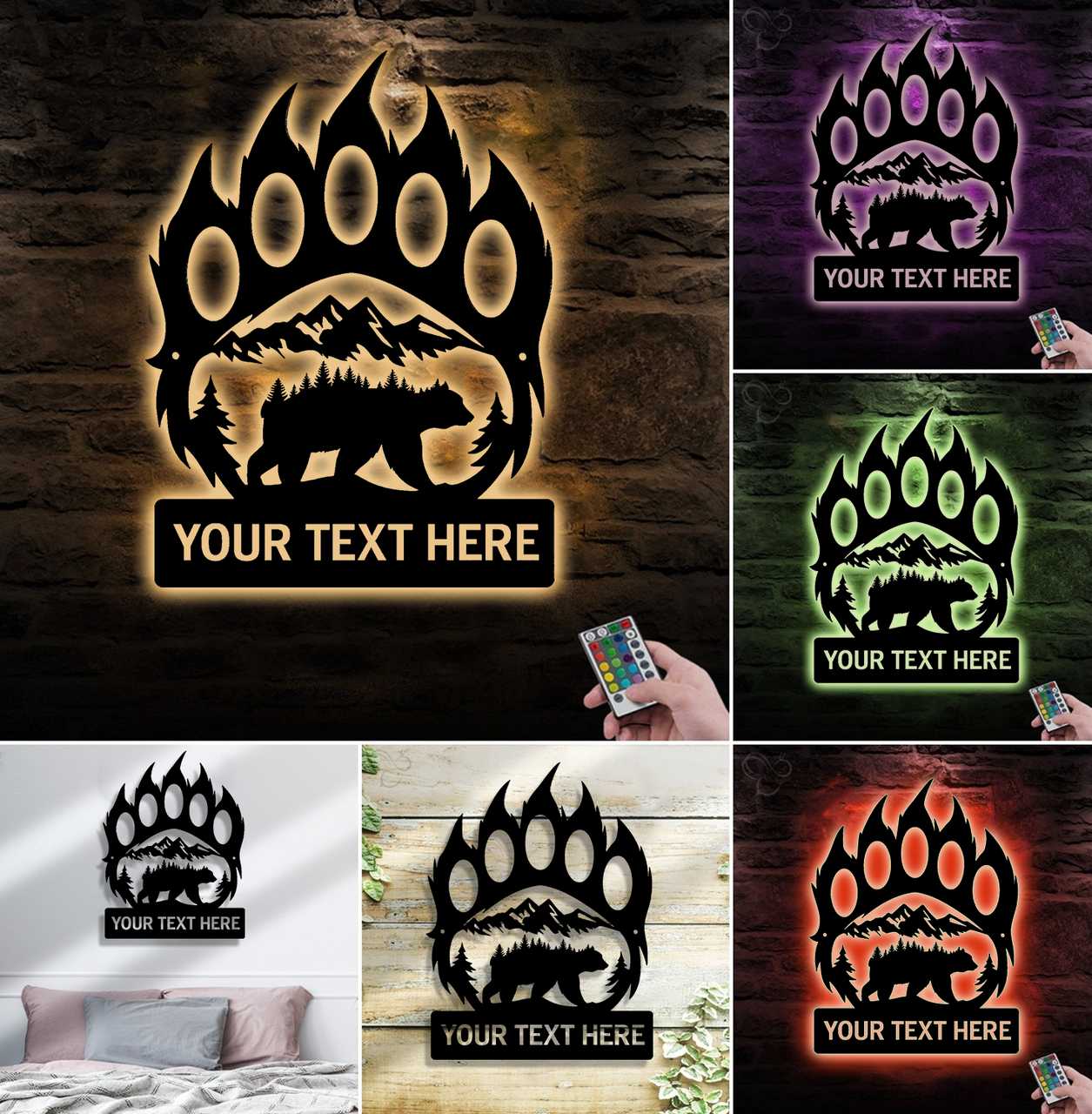 Personalized Bear Paw Metal Sign WITH LED/WITHOUT LED – Rustic Wildlife Wall Art