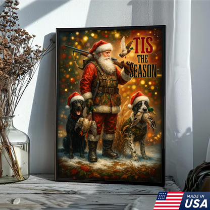 Rustic Christmas Hunting Canvas Art - Santa with Hunting Dogs and Ducks Holiday Wall Decor