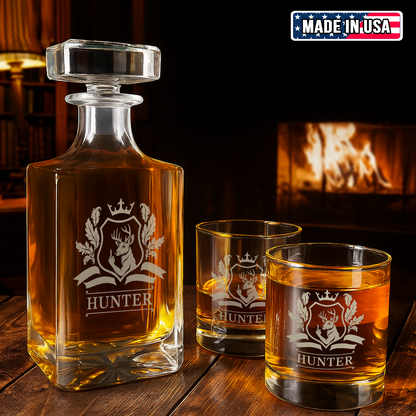 Luxury Hunter’s Whiskey Decanter & Glass Set – Engraved Deer Glassware, Unique Gift for Men & Hunting Lovers