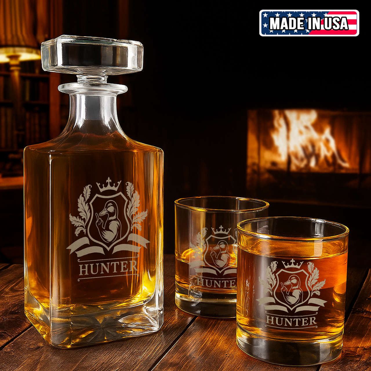 Luxury Hunter’s Whiskey Decanter & Glass Set – Engraved Duck Glassware, Unique Gift for Men & Hunting Lovers