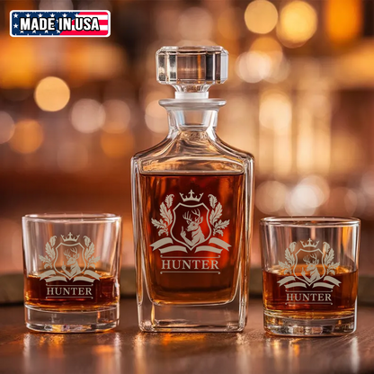 Luxury Hunter’s Whiskey Decanter & Glass Set – Engraved Deer Glassware, Unique Gift for Men & Hunting Lovers