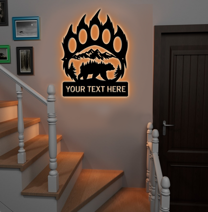 Personalized Bear Paw Metal Sign WITH LED/WITHOUT LED – Rustic Wildlife Wall Art